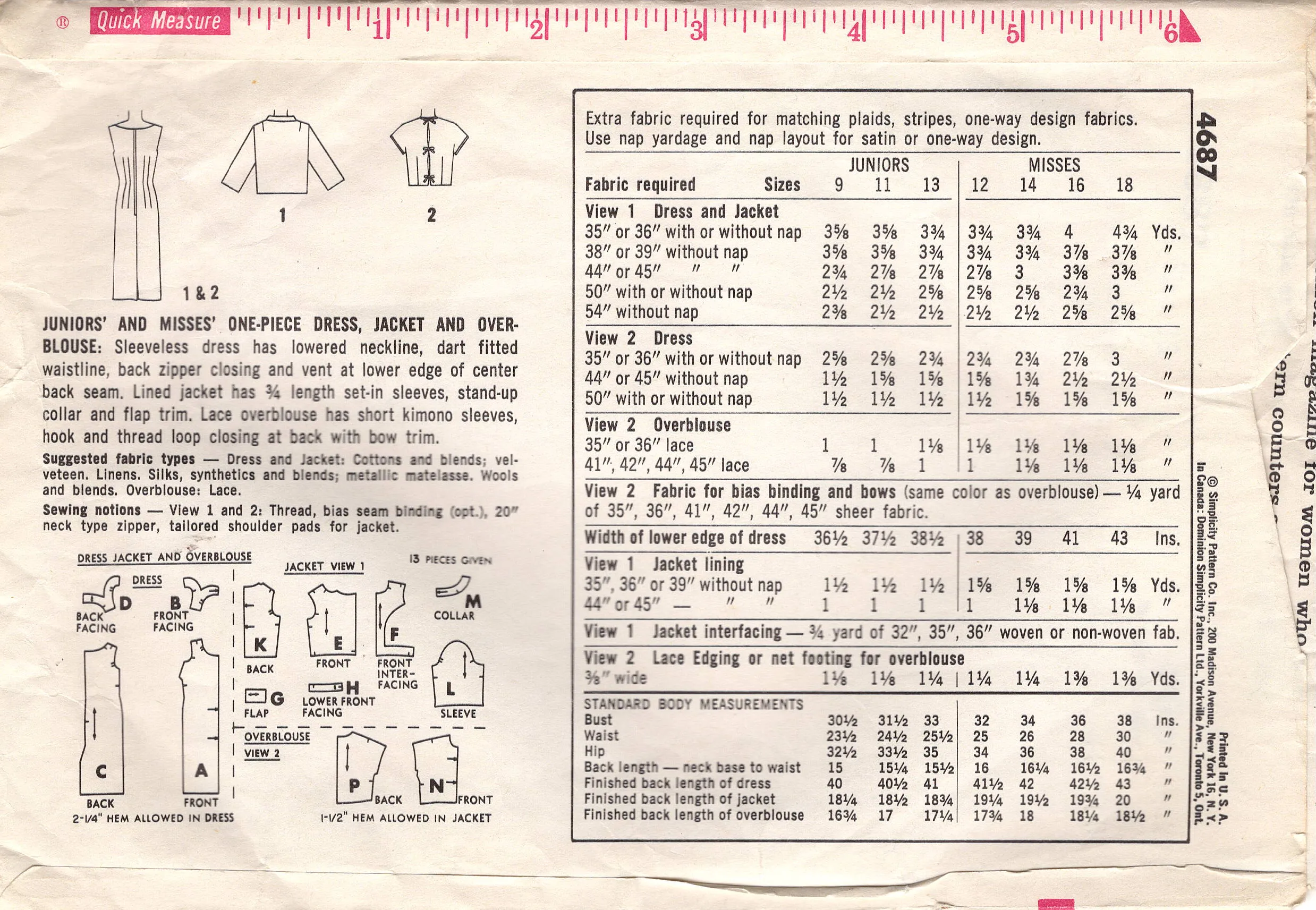 1960's Simplicity Sheath Dress Pattern and Bolero Jacket with Mandarin Collar - Bust 33" - No. 4687