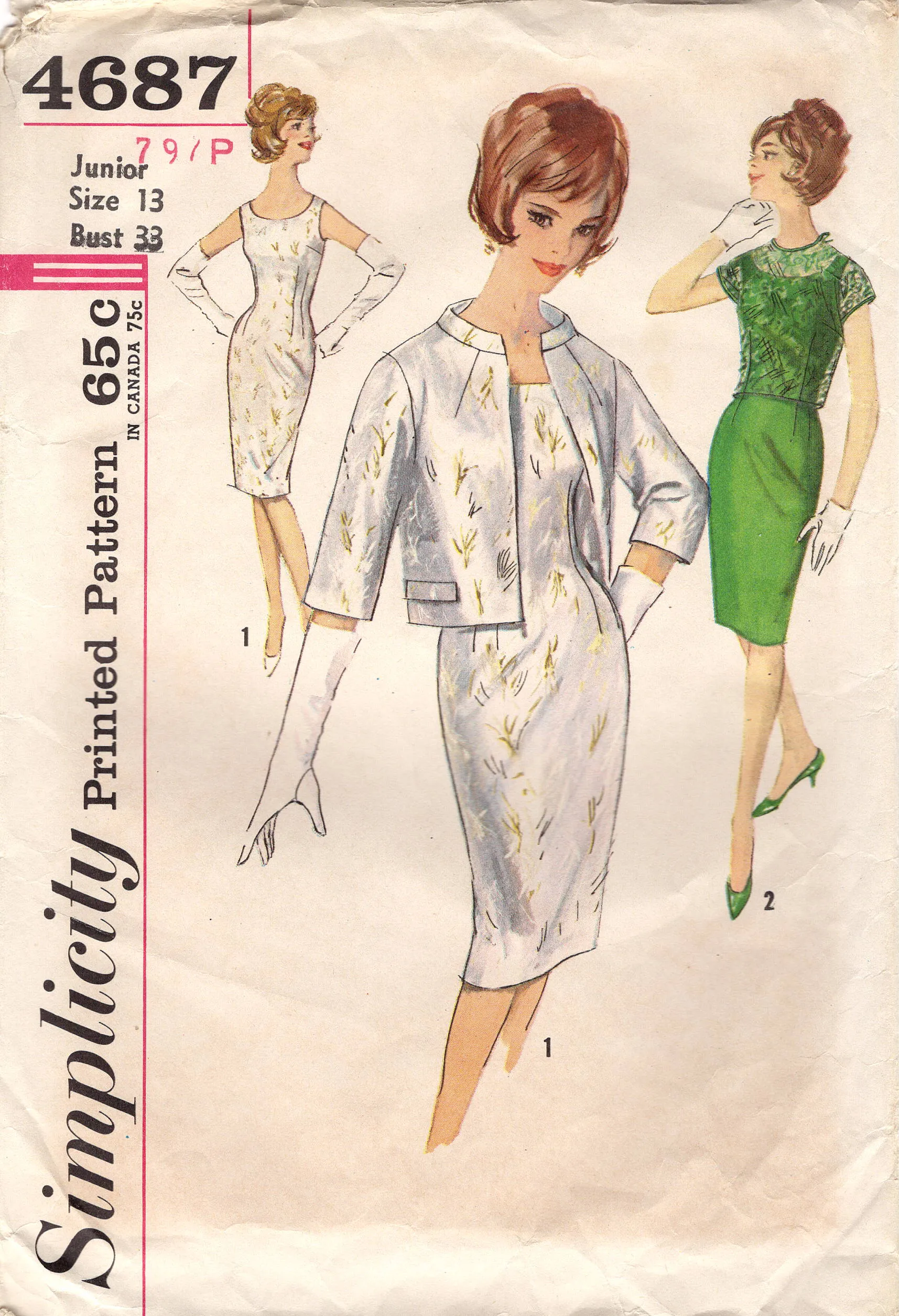 1960's Simplicity Sheath Dress Pattern and Bolero Jacket with Mandarin Collar - Bust 33" - No. 4687