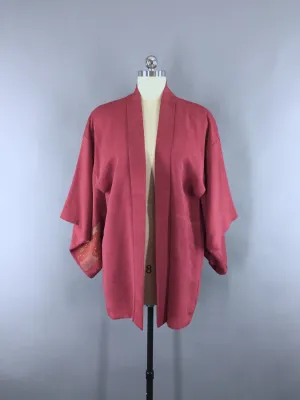 1970s Vintage Silk Haori Kimono Jacket with Brick Red Floral Urushi Embroidery