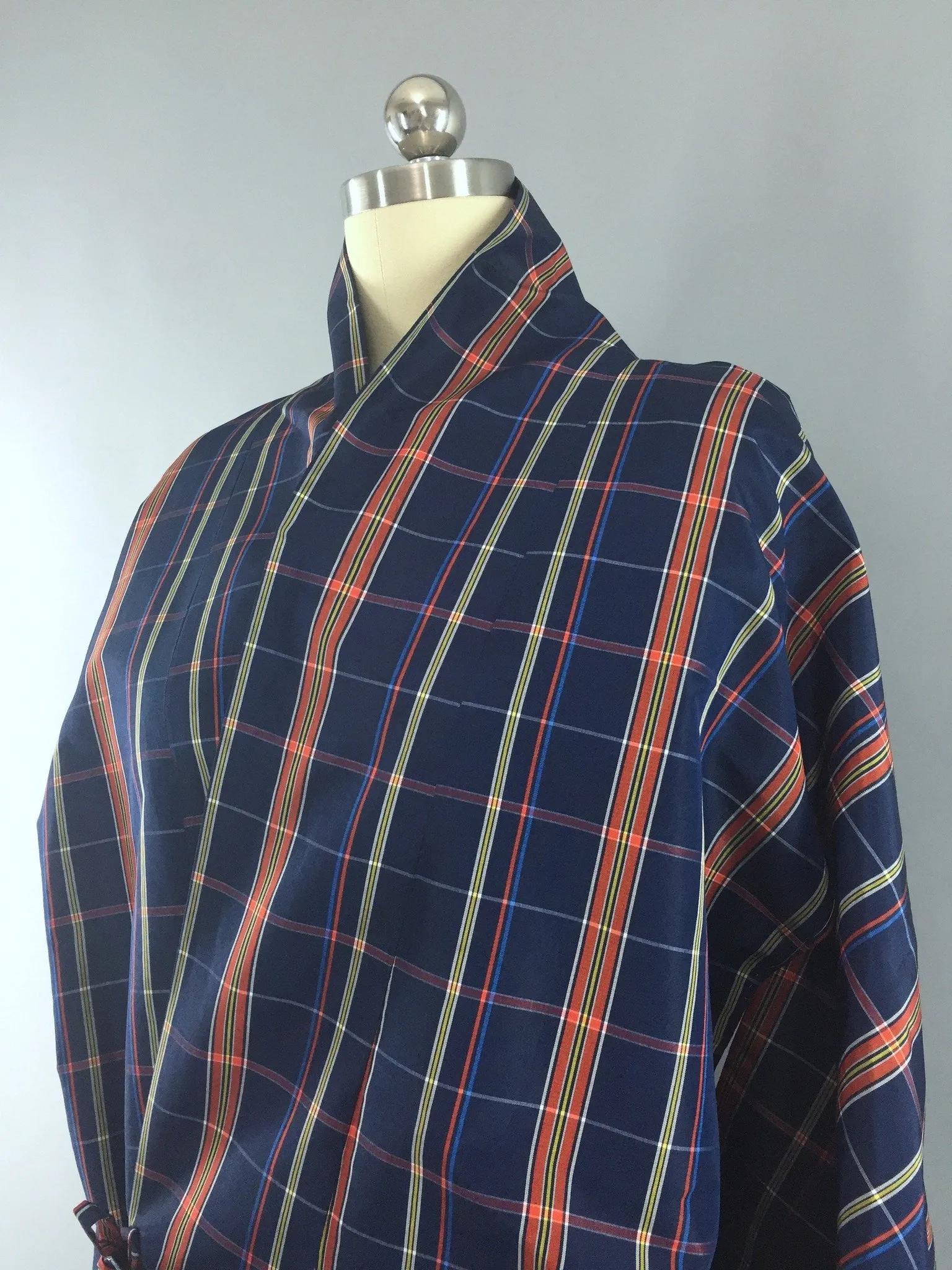 1980s Vintage Haori Kimono Cardigan Blue Plaid Wrap Coat Douchugi