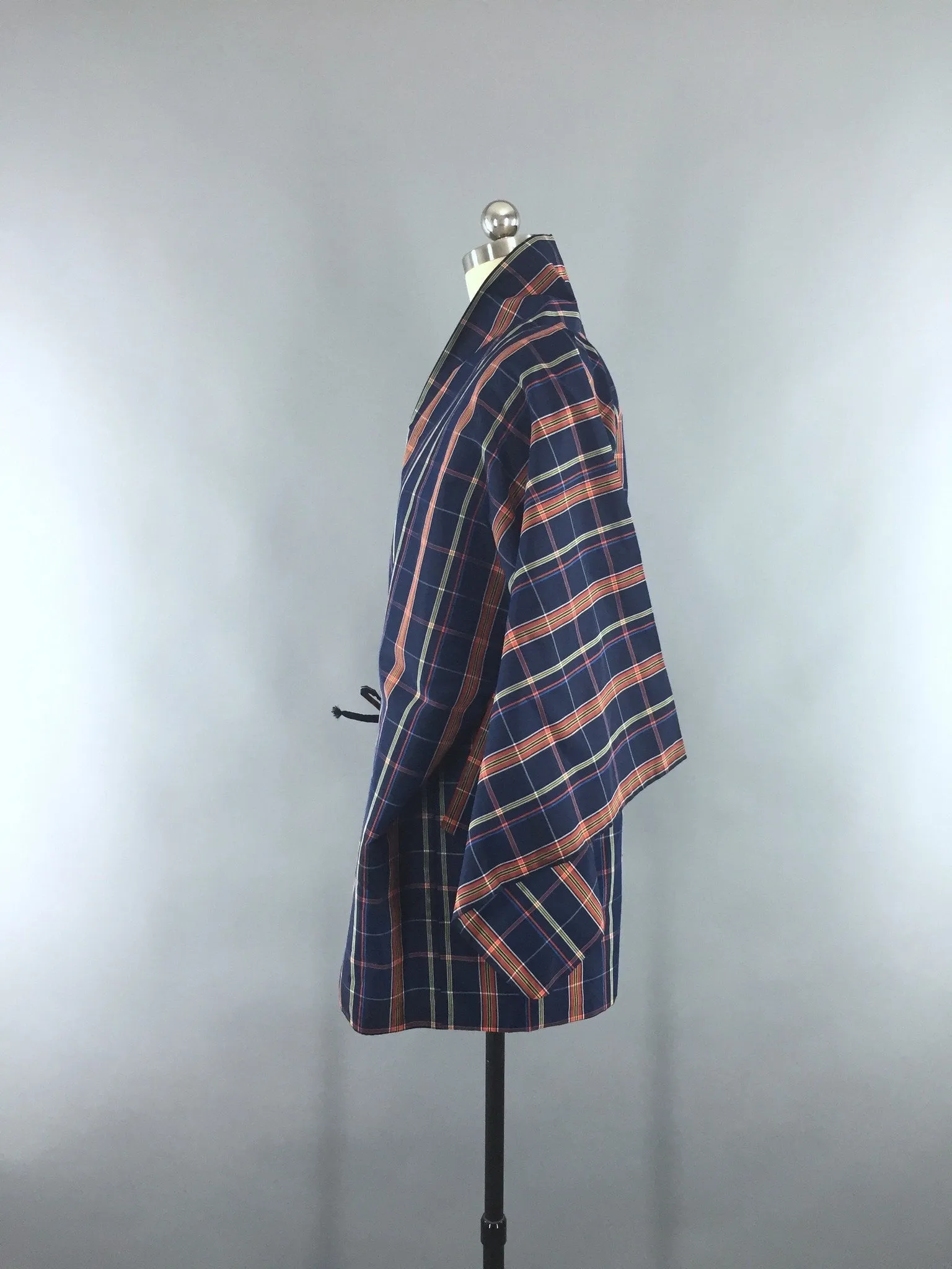 1980s Vintage Haori Kimono Cardigan Blue Plaid Wrap Coat Douchugi