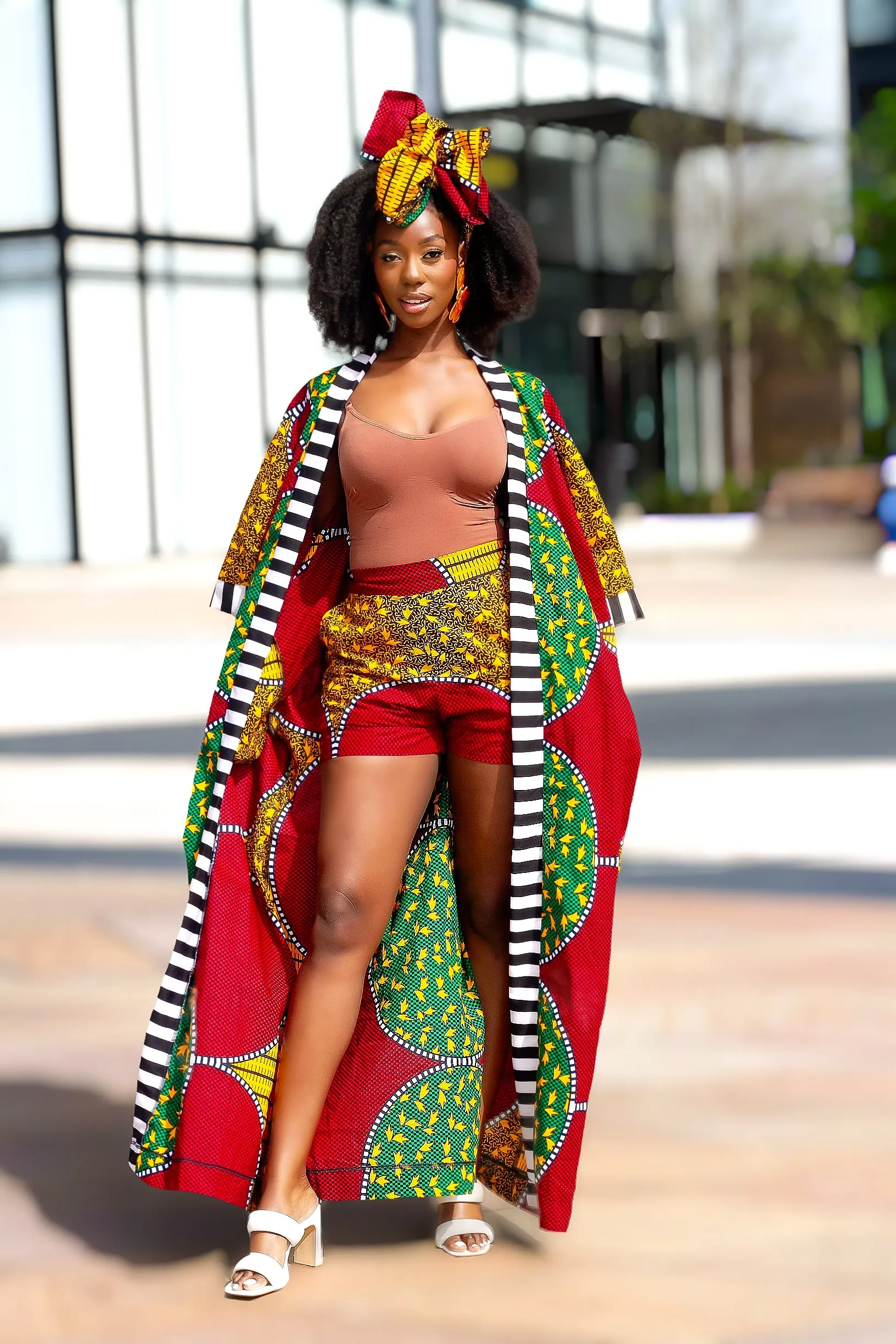 3pcs African Print Long Kimono Jacket, Shorts and Headwrap  Set- Cecey