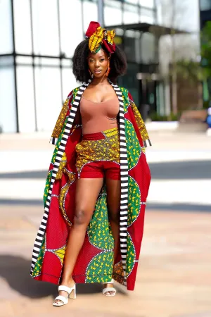 3pcs African Print Long Kimono Jacket, Shorts and Headwrap  Set- Cecey