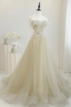 A-Line Spaghetti Strap Tulle Floor Length Prom Dress, Beautiful Light Green Evening Party Dress