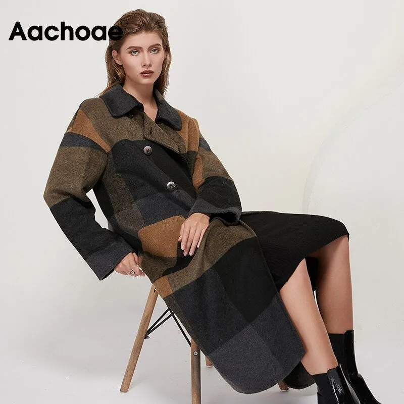 Aachoae Winter Mode Plaid Long Wollmantel Frauen  Batwing Long Sleeve Chic Taschen Mäntel Casual Doppelreihige Oberbekleidung