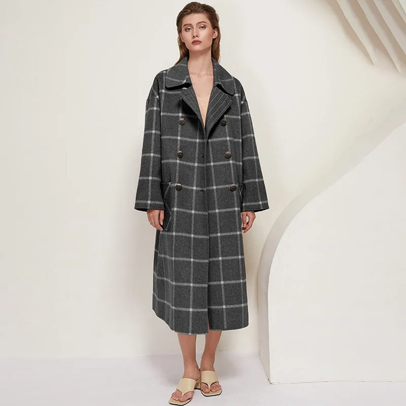 Aachoae Winter Mode Plaid Long Wollmantel Frauen  Batwing Long Sleeve Chic Taschen Mäntel Casual Doppelreihige Oberbekleidung