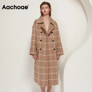 Aachoae Winter Mode Plaid Long Wollmantel Frauen  Batwing Long Sleeve Chic Taschen Mäntel Casual Doppelreihige Oberbekleidung