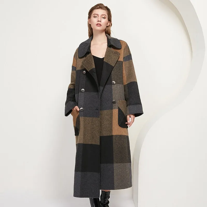 Aachoae Winter Mode Plaid Long Wollmantel Frauen  Batwing Long Sleeve Chic Taschen Mäntel Casual Doppelreihige Oberbekleidung