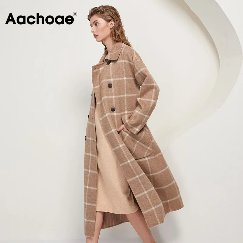 Aachoae Winter Mode Plaid Long Wollmantel Frauen  Batwing Long Sleeve Chic Taschen Mäntel Casual Doppelreihige Oberbekleidung