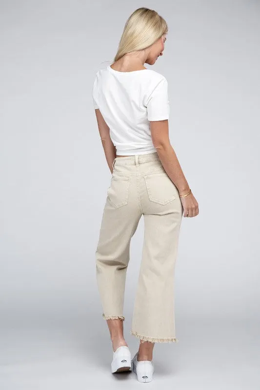 Acid Washed High Waist Frayed Hem Straight Pants