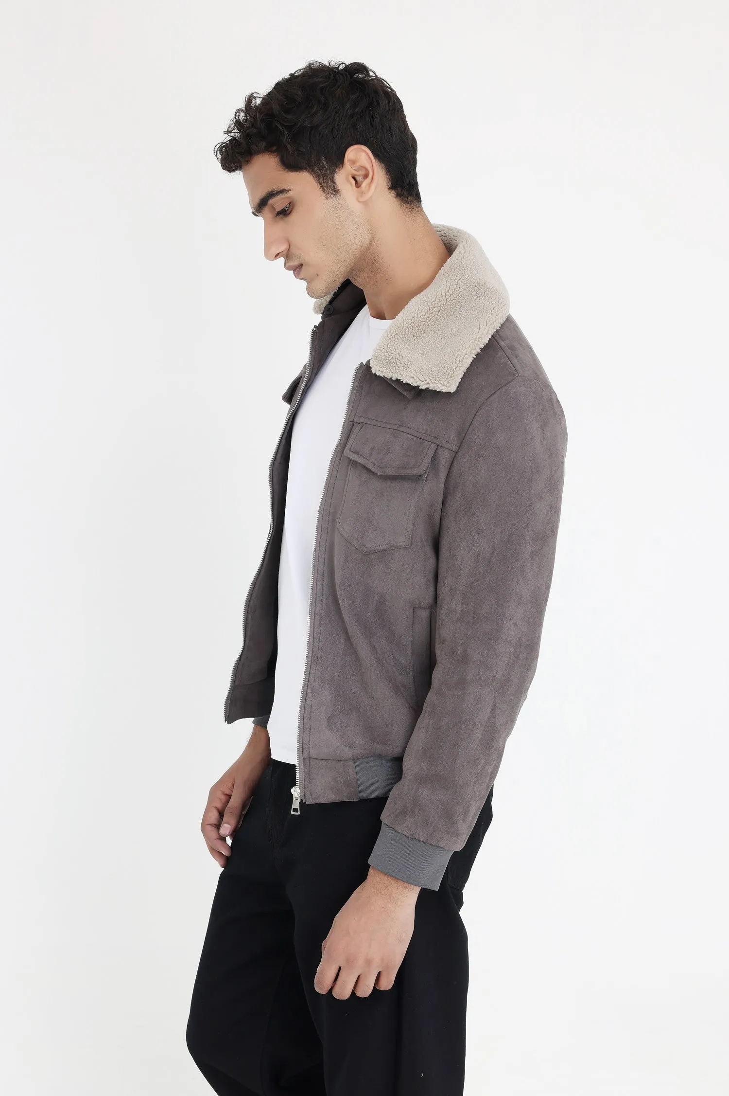 ALMAS URBAN SUEDE JACKET WITH FUR COLLAR-GREY