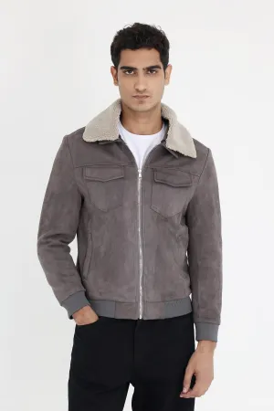 ALMAS URBAN SUEDE JACKET WITH FUR COLLAR-GREY