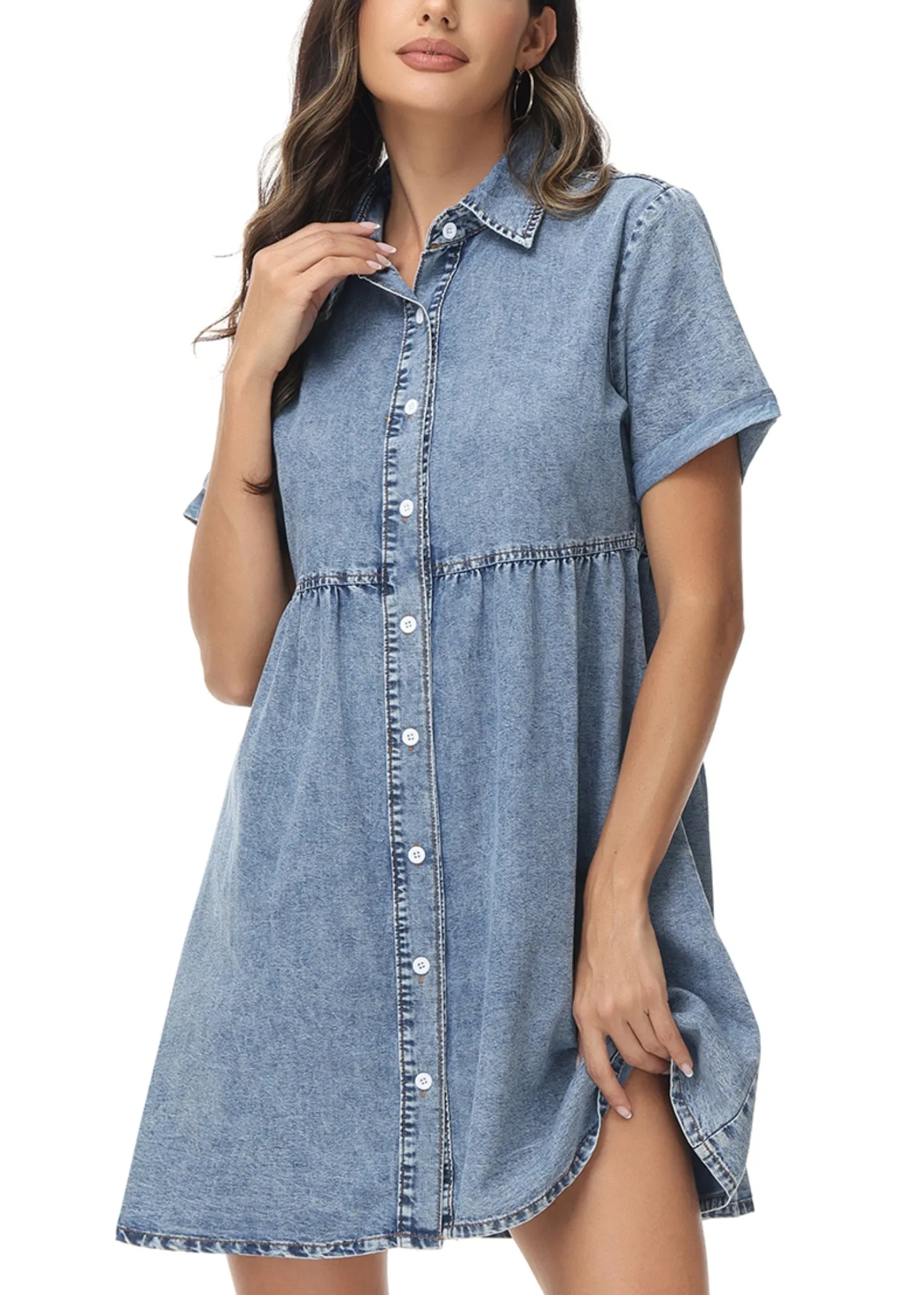 Anna-Kaci Women's Casual Short Sleeve High Waist Button Down Tiered Denim Shirt Dress