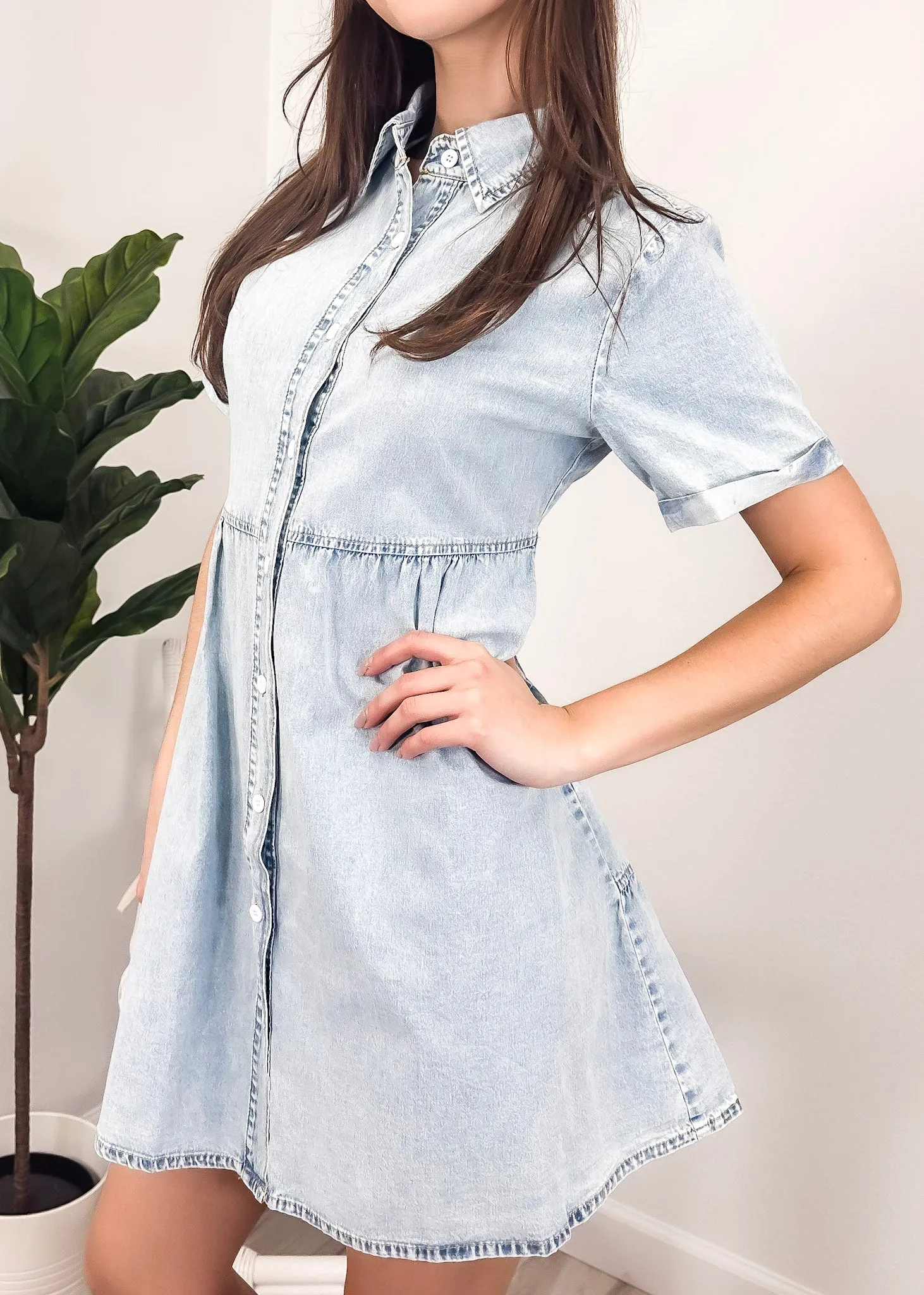 Anna-Kaci Women's Casual Short Sleeve High Waist Button Down Tiered Denim Shirt Dress