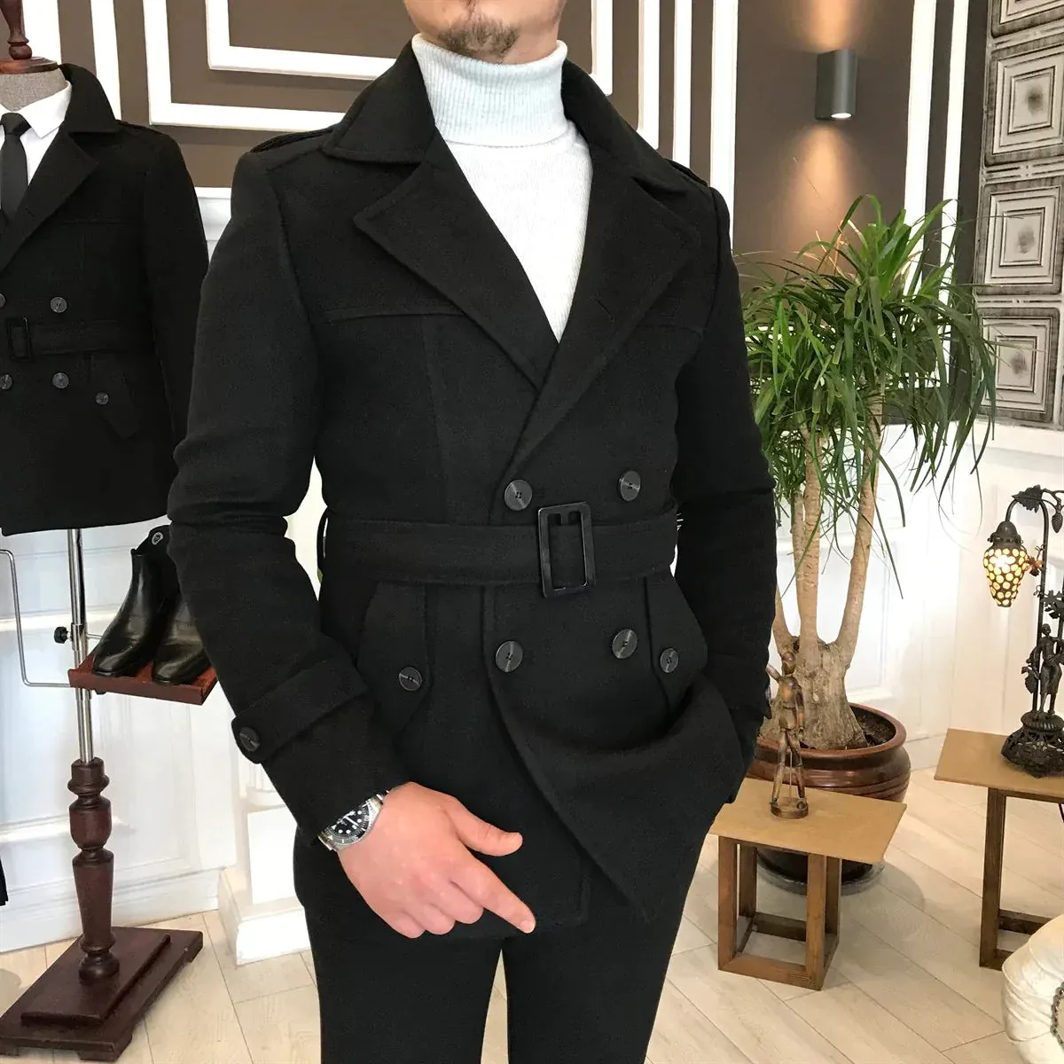 Arctic Black Double Breasted Over Coat by ITALIAN VEGA®