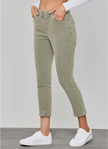 Army Green - Acid Wash Women's High Waisted Elastic Slight Stretch Denim Pull On Cuffed Hem Capri Jeans Denim Pants