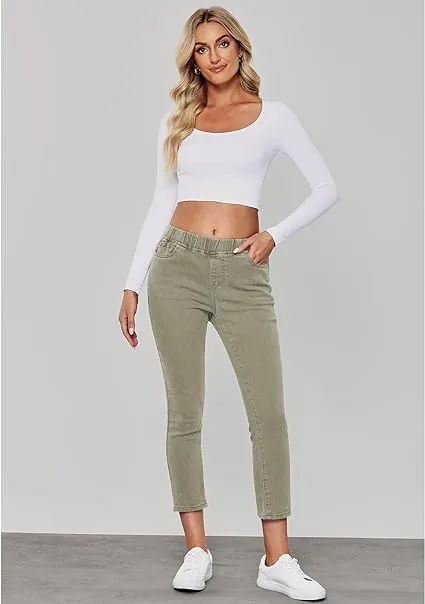 Army Green - Acid Wash Women's High Waisted Elastic Slight Stretch Denim Pull On Cuffed Hem Capri Jeans Denim Pants