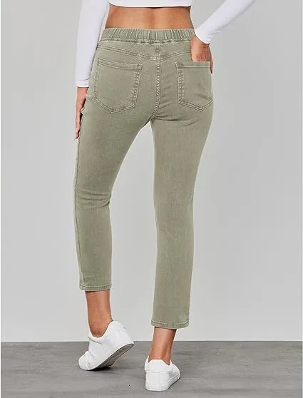 Army Green - Acid Wash Women's High Waisted Elastic Slight Stretch Denim Pull On Cuffed Hem Capri Jeans Denim Pants