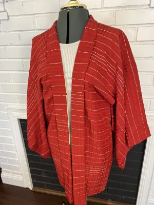 Authentic Women's Japanese Haori Kimono Jacket / Size Free, Striped pattern, Red