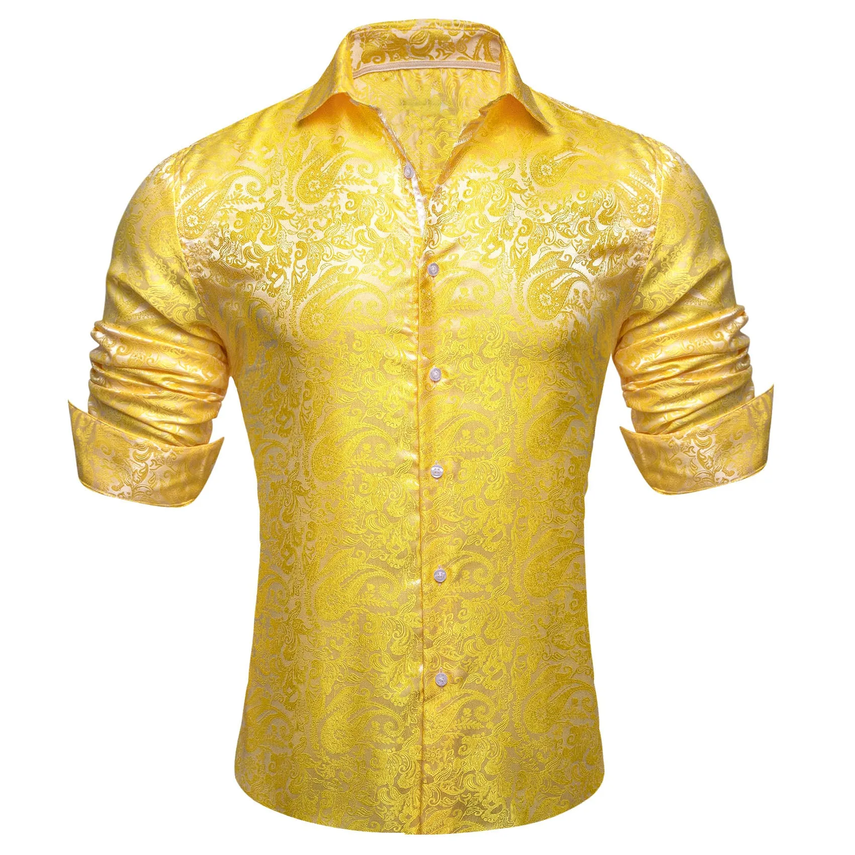 Baby Yellow Paisley Pattern Silk Men's Long Sleeve Shirt