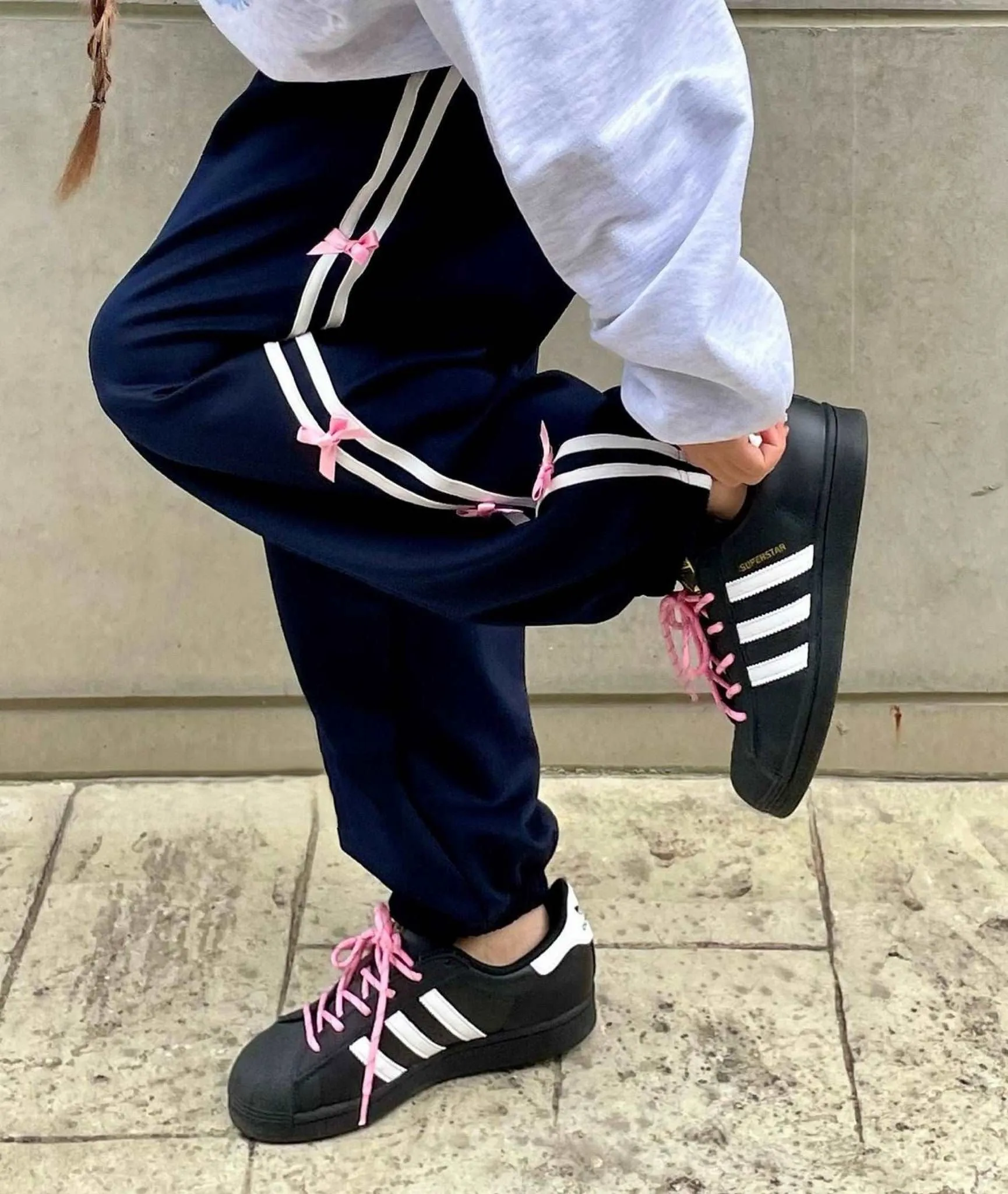 Balletcore Bow Black Pink High Waist Elastic Sweatpants Pants