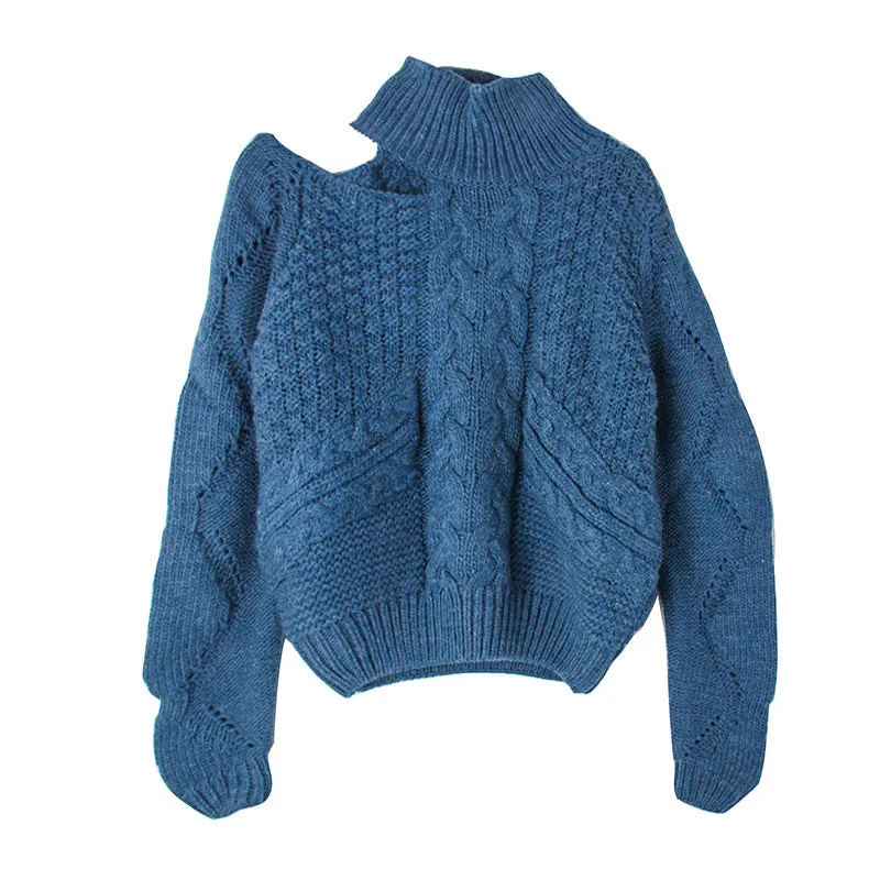 Bare Shoulder Cable Knit Turtleneck Loose Women Pullover Sweater