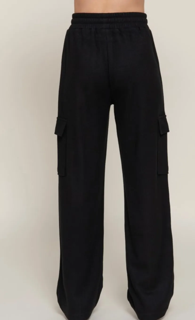 Black Corduroy Cargo Wide Leg Elastic Drawstring Waist Pant