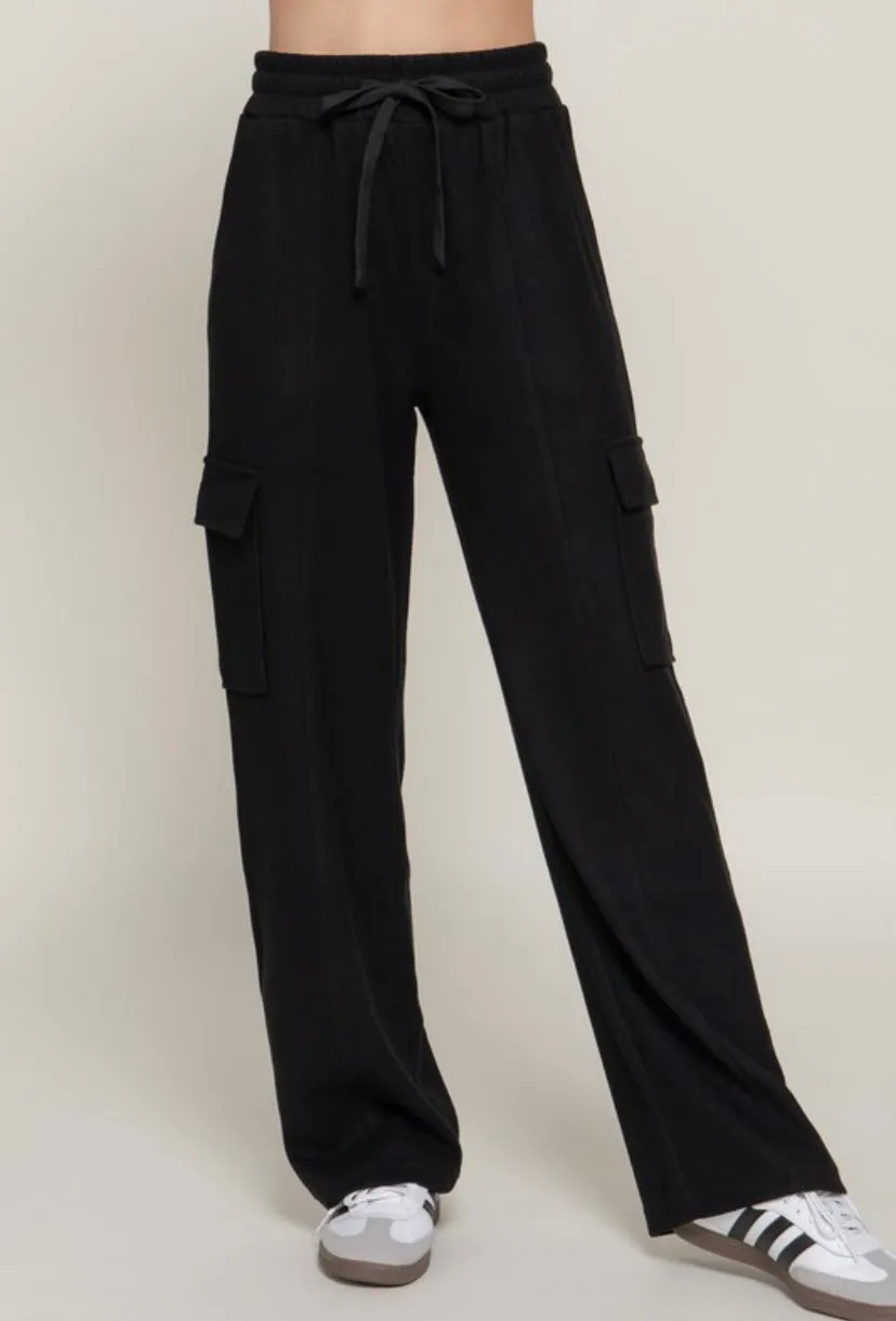 Black Corduroy Cargo Wide Leg Elastic Drawstring Waist Pant