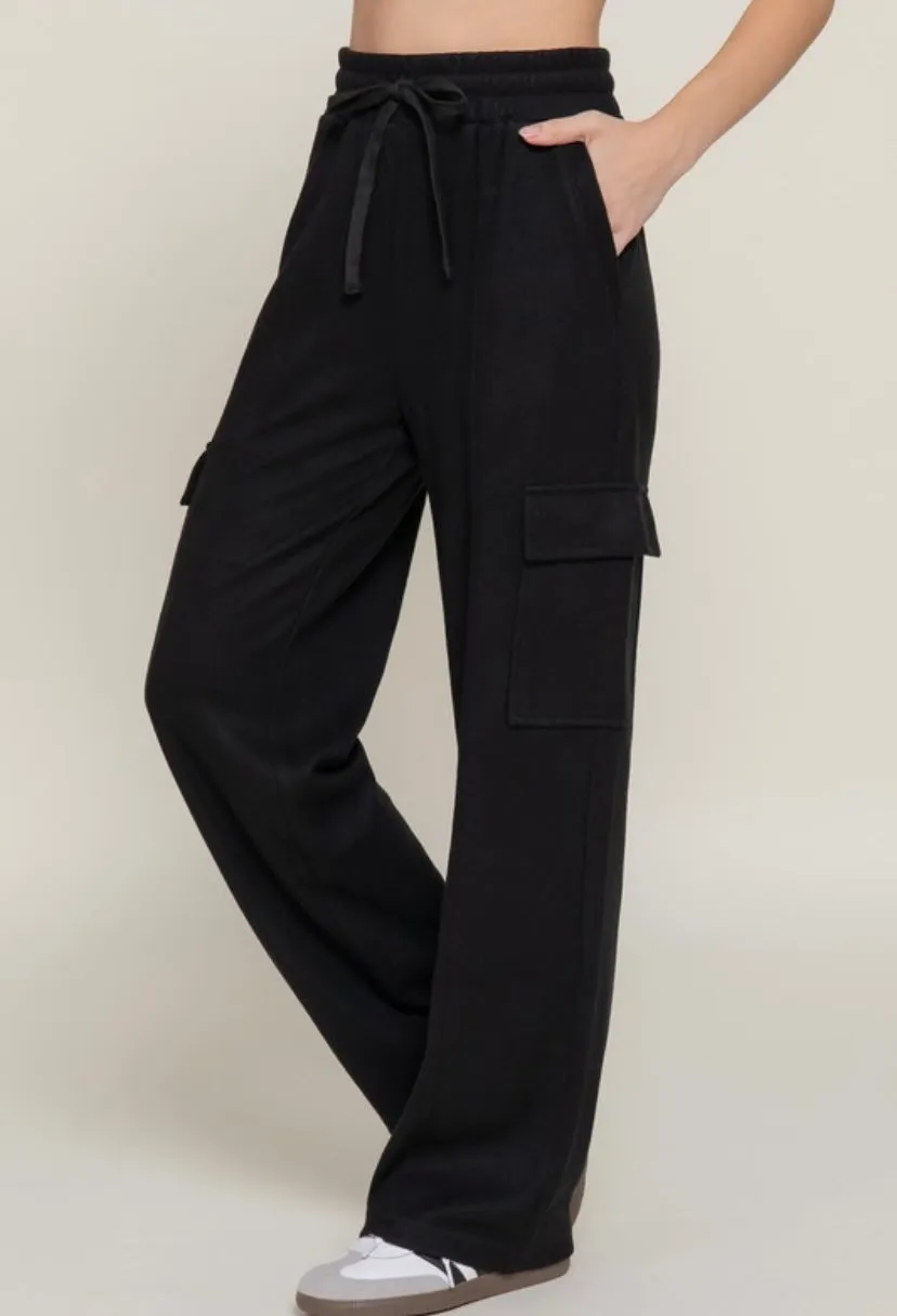 Black Corduroy Cargo Wide Leg Elastic Drawstring Waist Pant