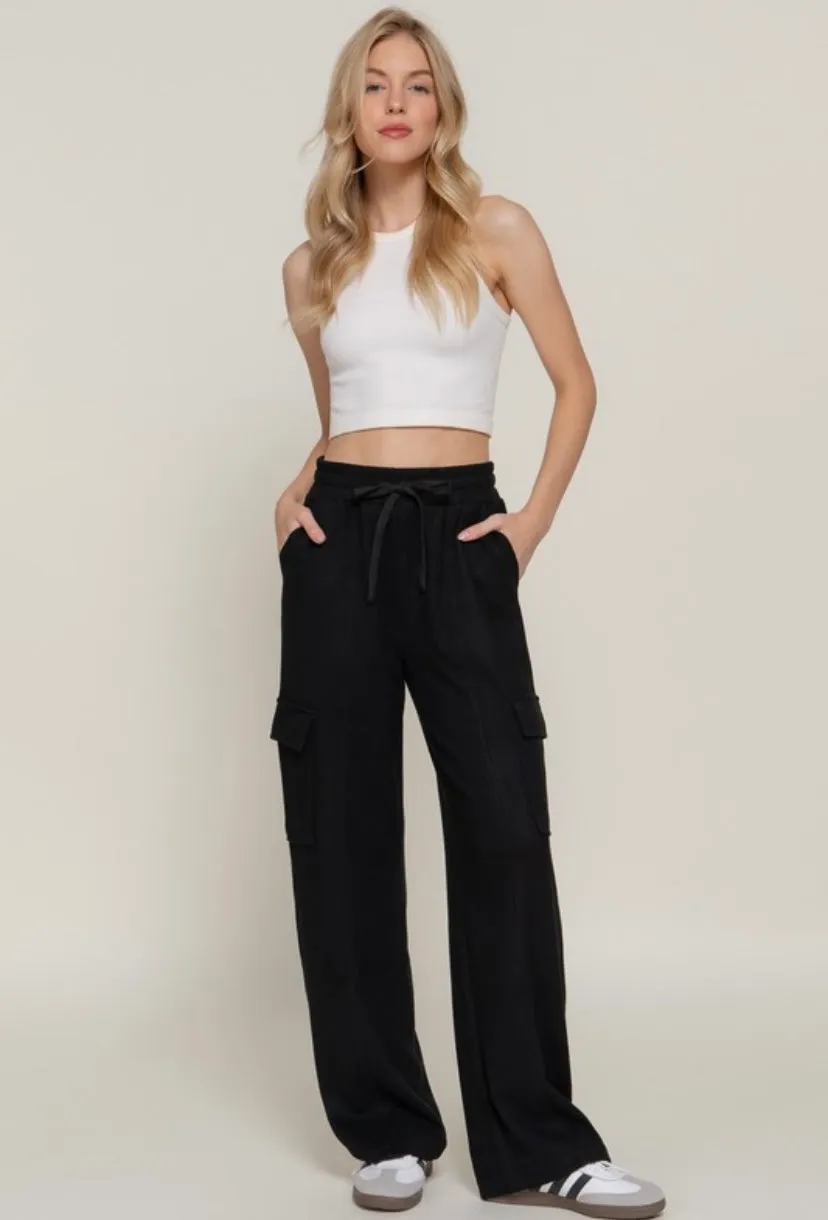 Black Corduroy Cargo Wide Leg Elastic Drawstring Waist Pant