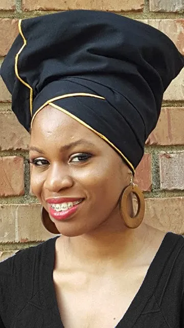 Black Cotton head wrap with Gold Trim-DP3776H