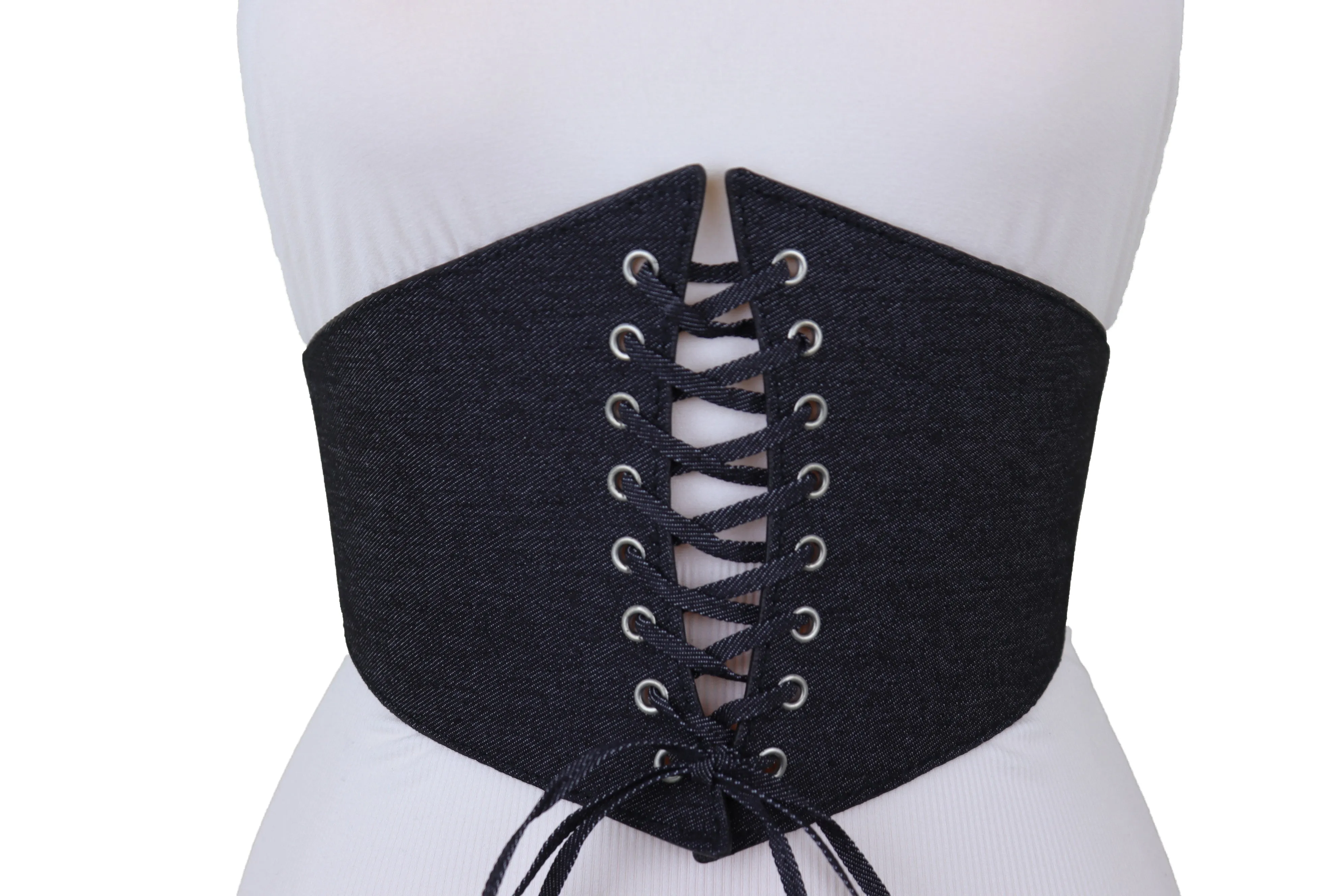 Black Denim Wide Fabric Elastic High Waist Corset Belt Adjustable Size S M