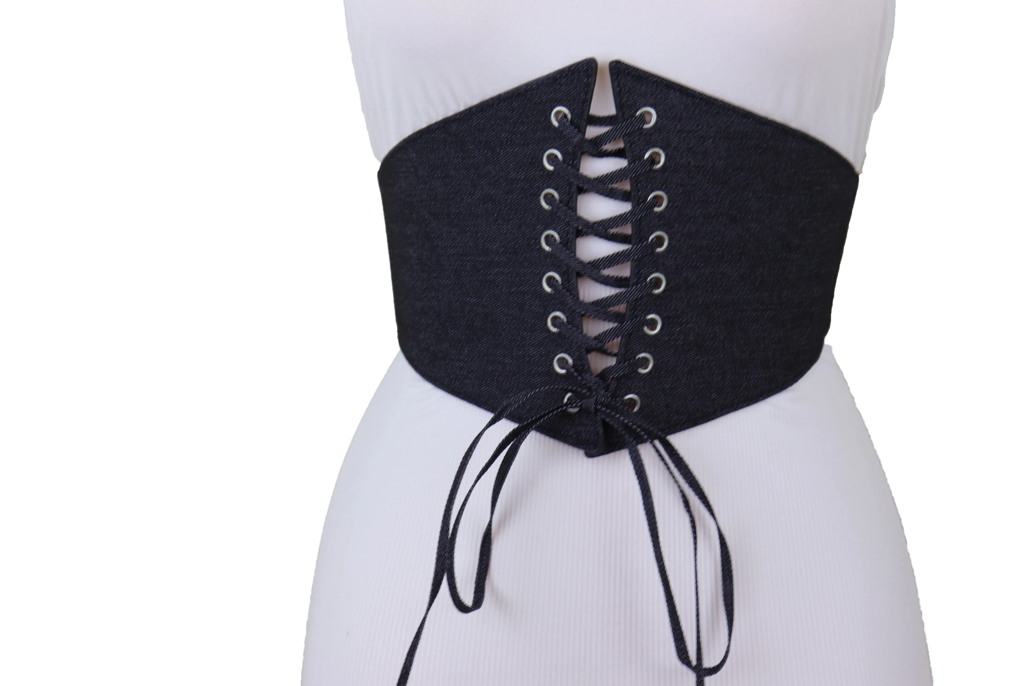 Black Denim Wide Fabric Elastic High Waist Corset Belt Adjustable Size S M