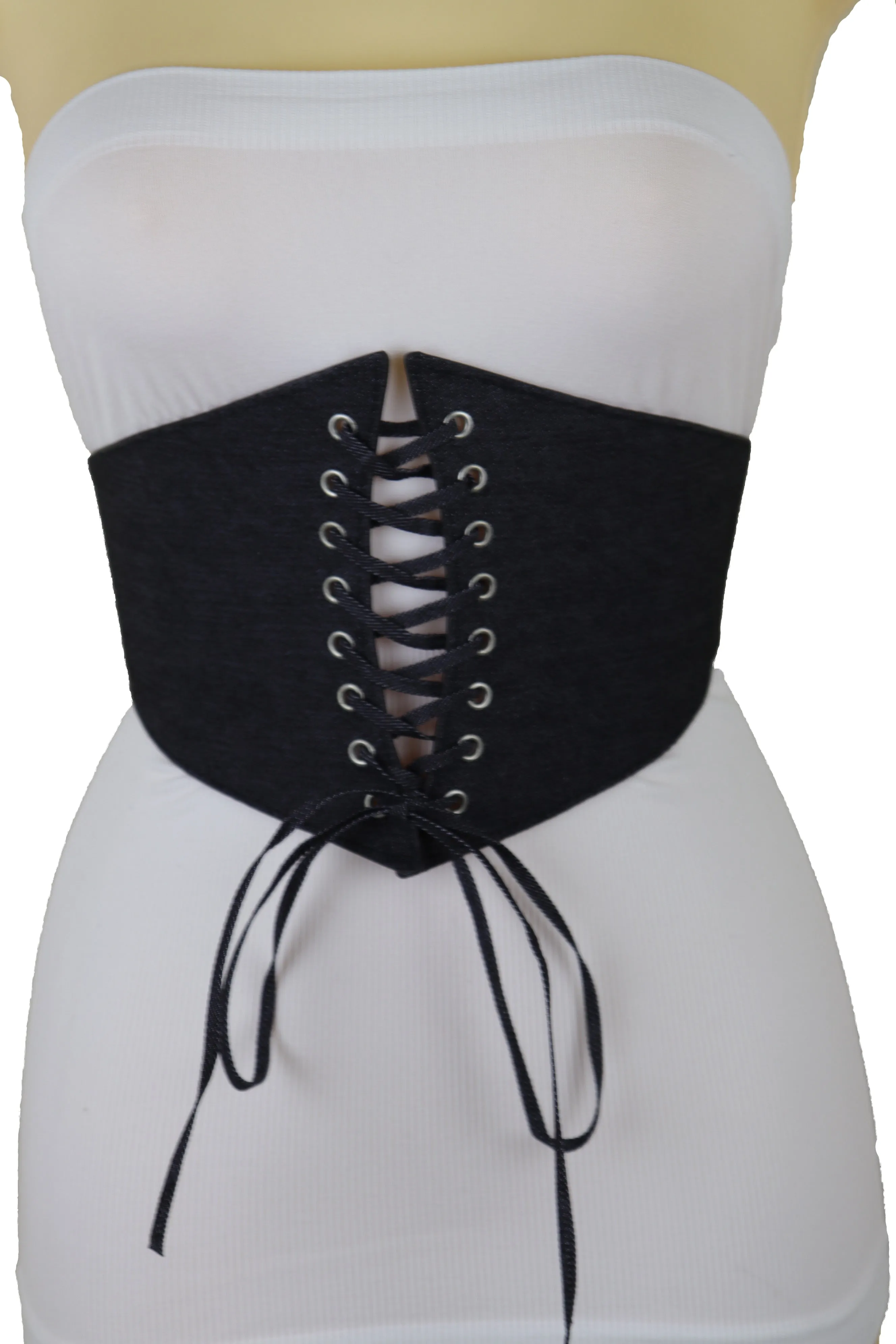 Black Denim Wide Fabric Elastic High Waist Corset Belt Adjustable Size S M