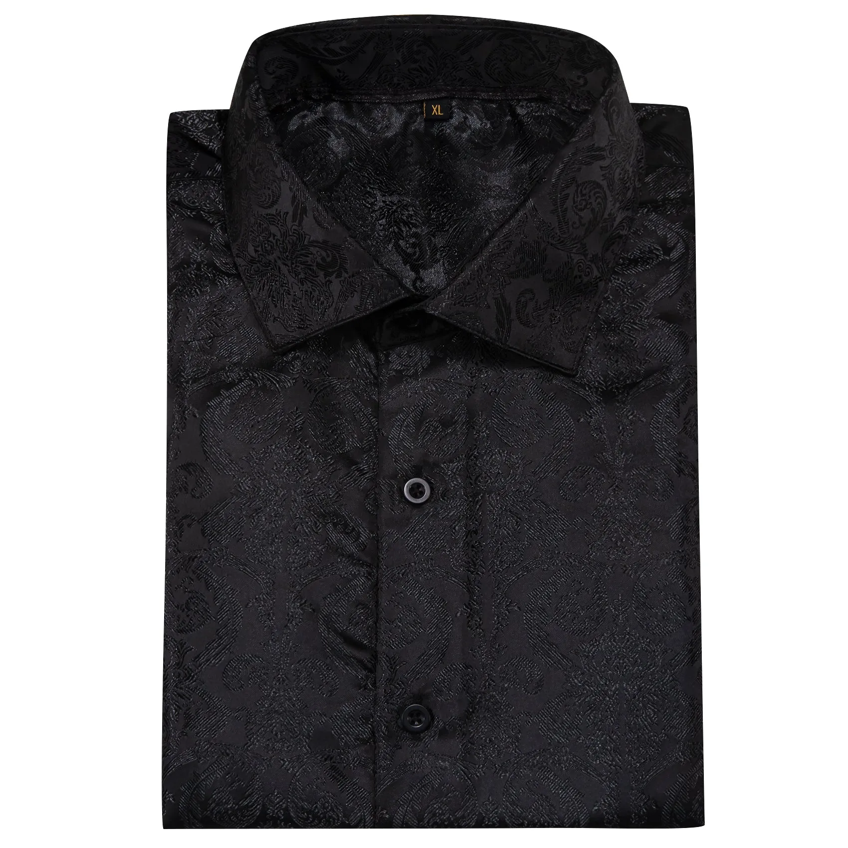 Black Floral Pattern Silk Men's Long Sleeve Shirt