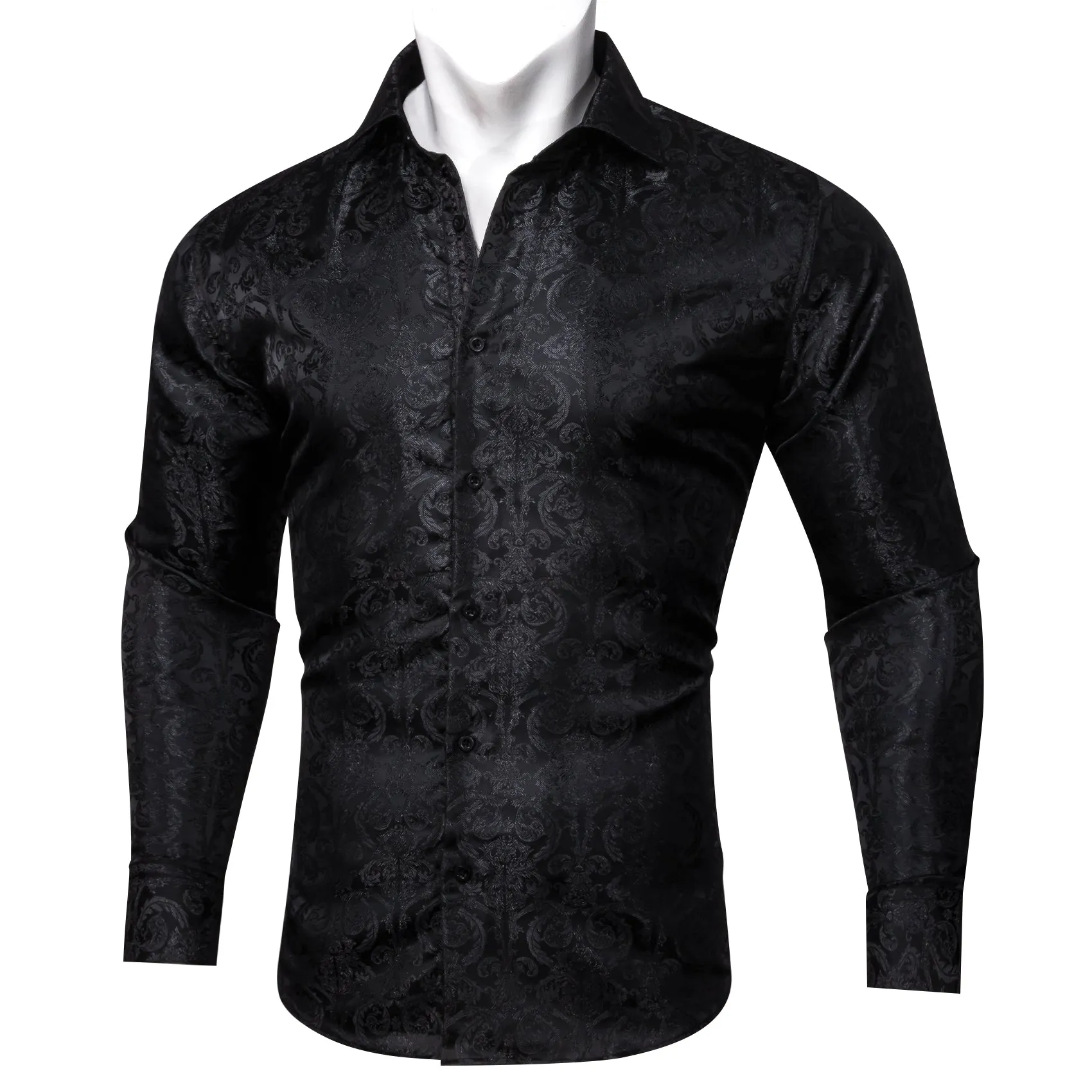 Black Floral Pattern Silk Men's Long Sleeve Shirt