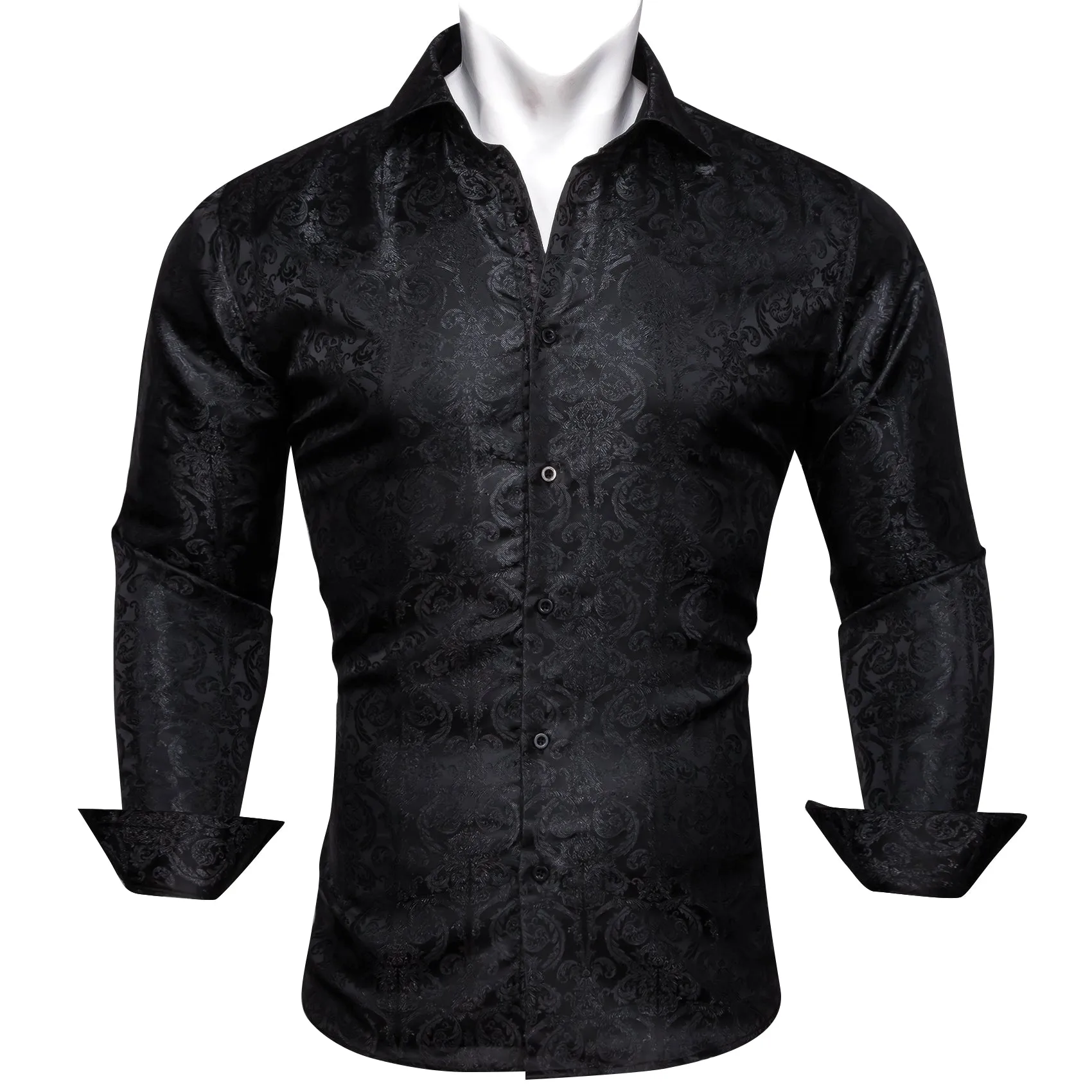 Black Floral Pattern Silk Men's Long Sleeve Shirt