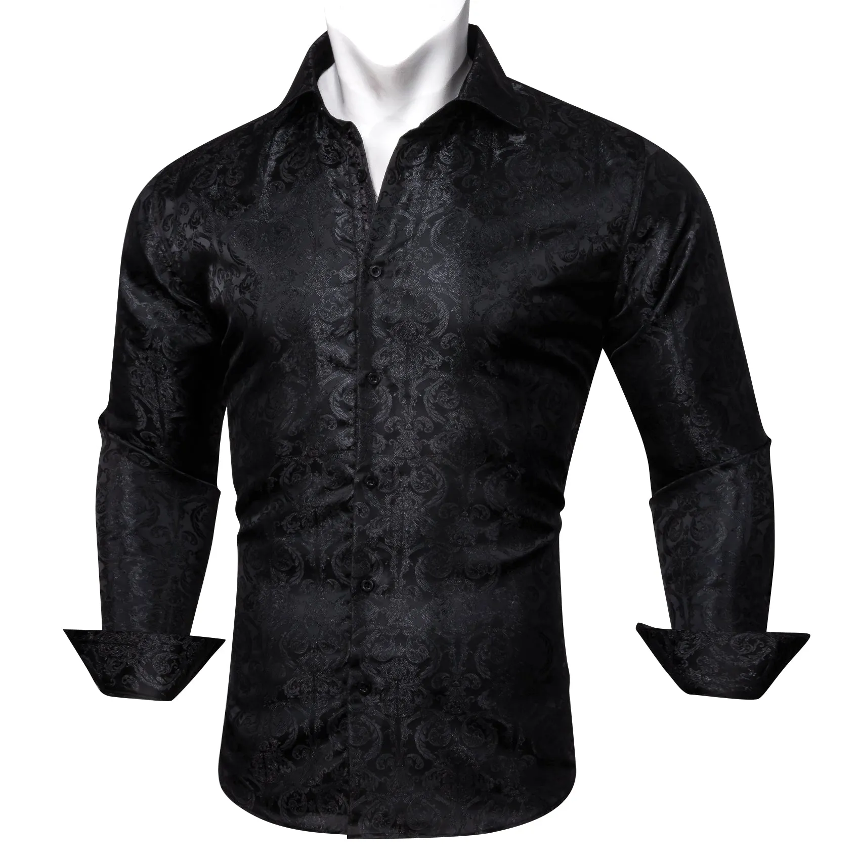 Black Floral Pattern Silk Men's Long Sleeve Shirt