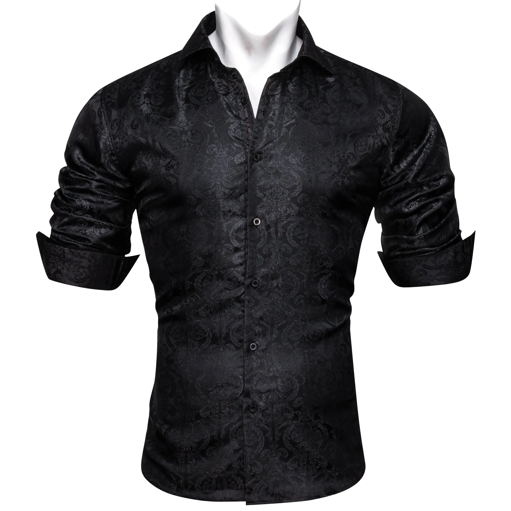 Black Floral Pattern Silk Men's Long Sleeve Shirt