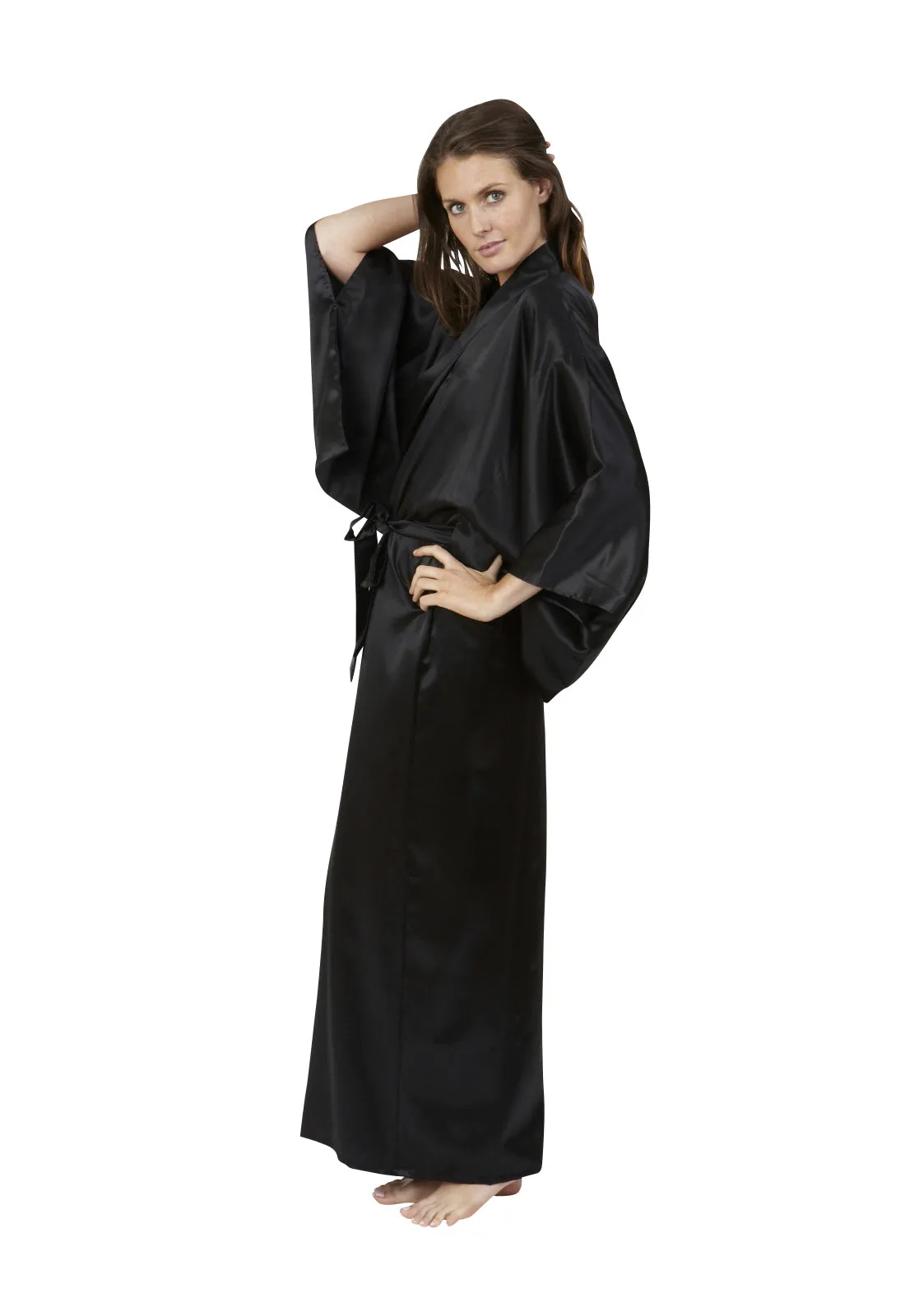 Black Fortune Womens Long Poly Satin Kimono Robe