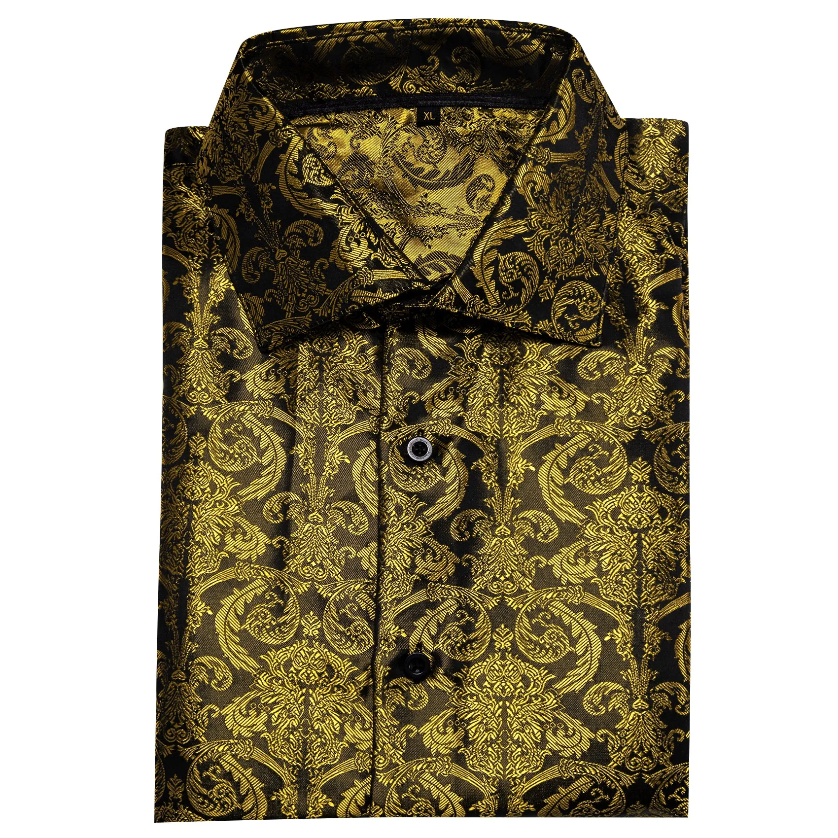 Black Golden Floral Pattern Silk Men's Long Sleeve Shirt