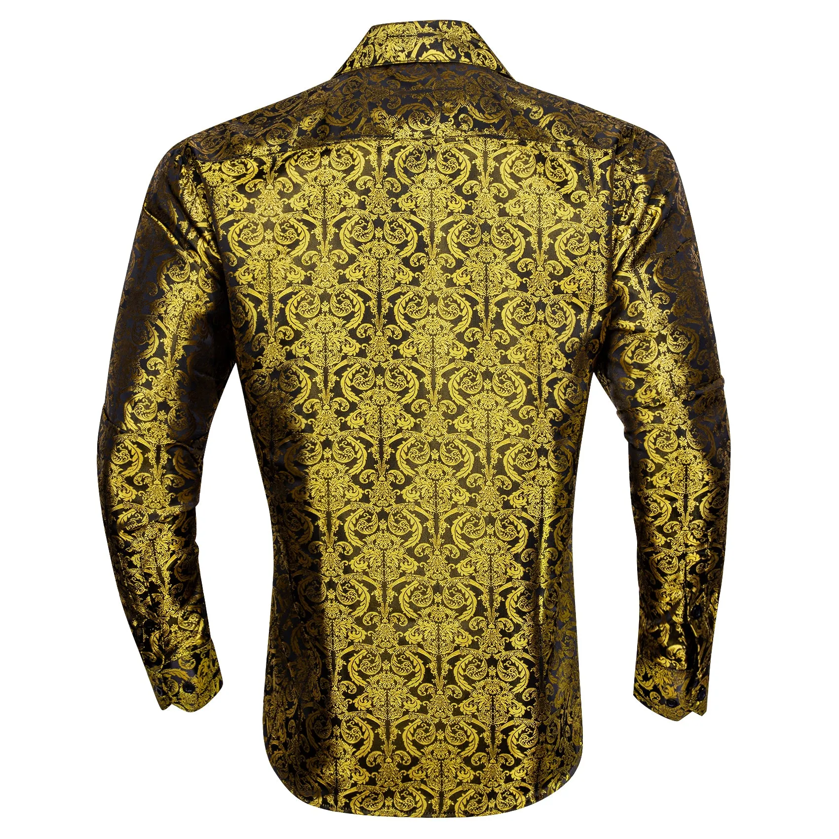 Black Golden Floral Pattern Silk Men's Long Sleeve Shirt