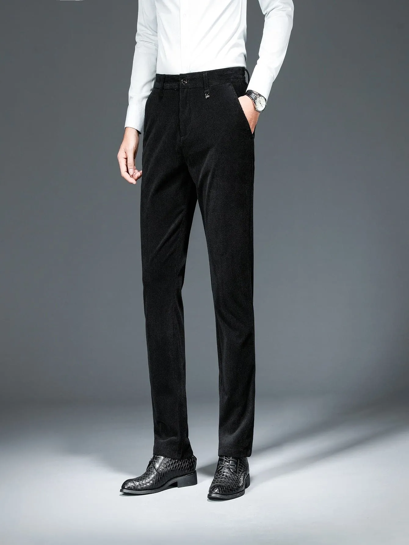 Black Slant Pockets Corduroy Tailored Trousers