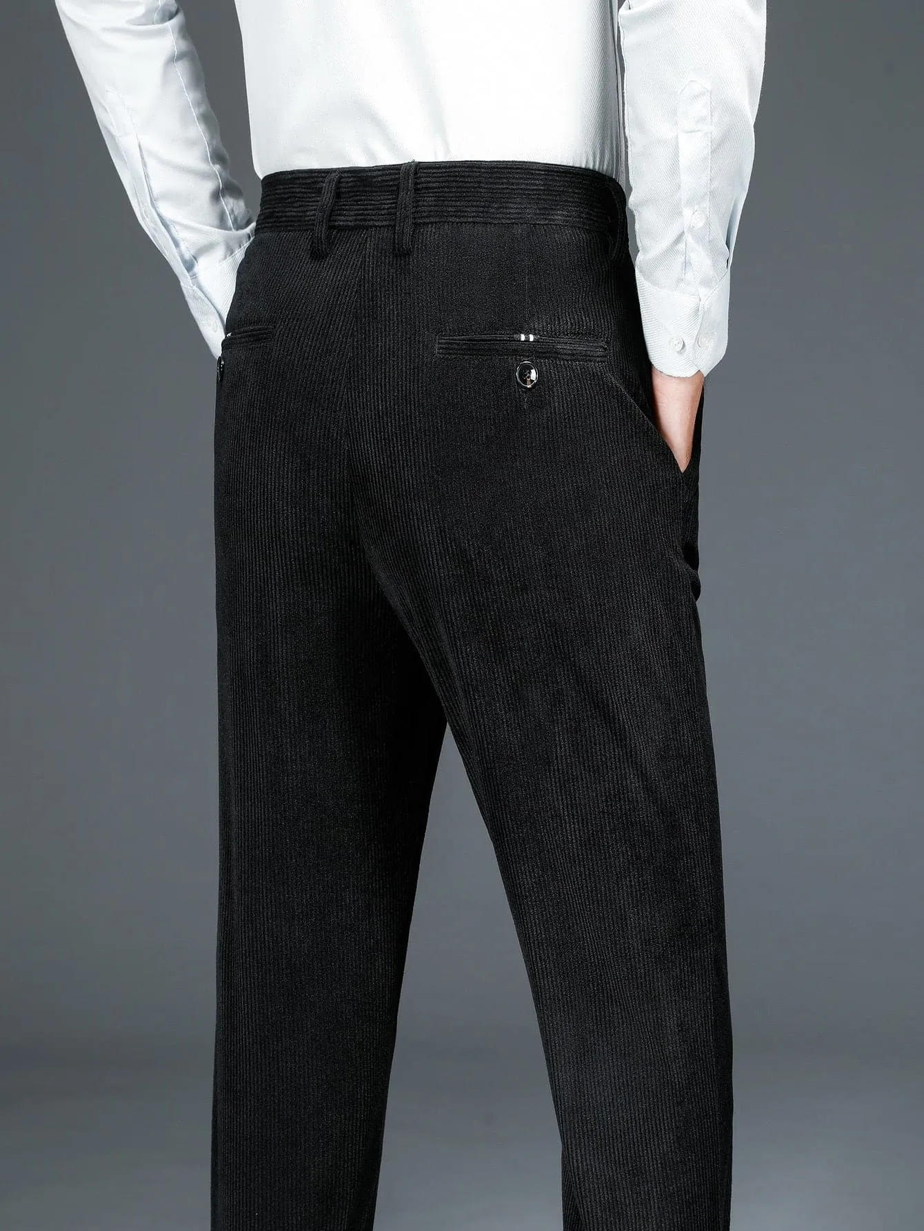 Black Slant Pockets Corduroy Tailored Trousers