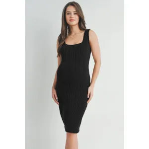 Black Square Neck Ribbed Maternity Midi Dress