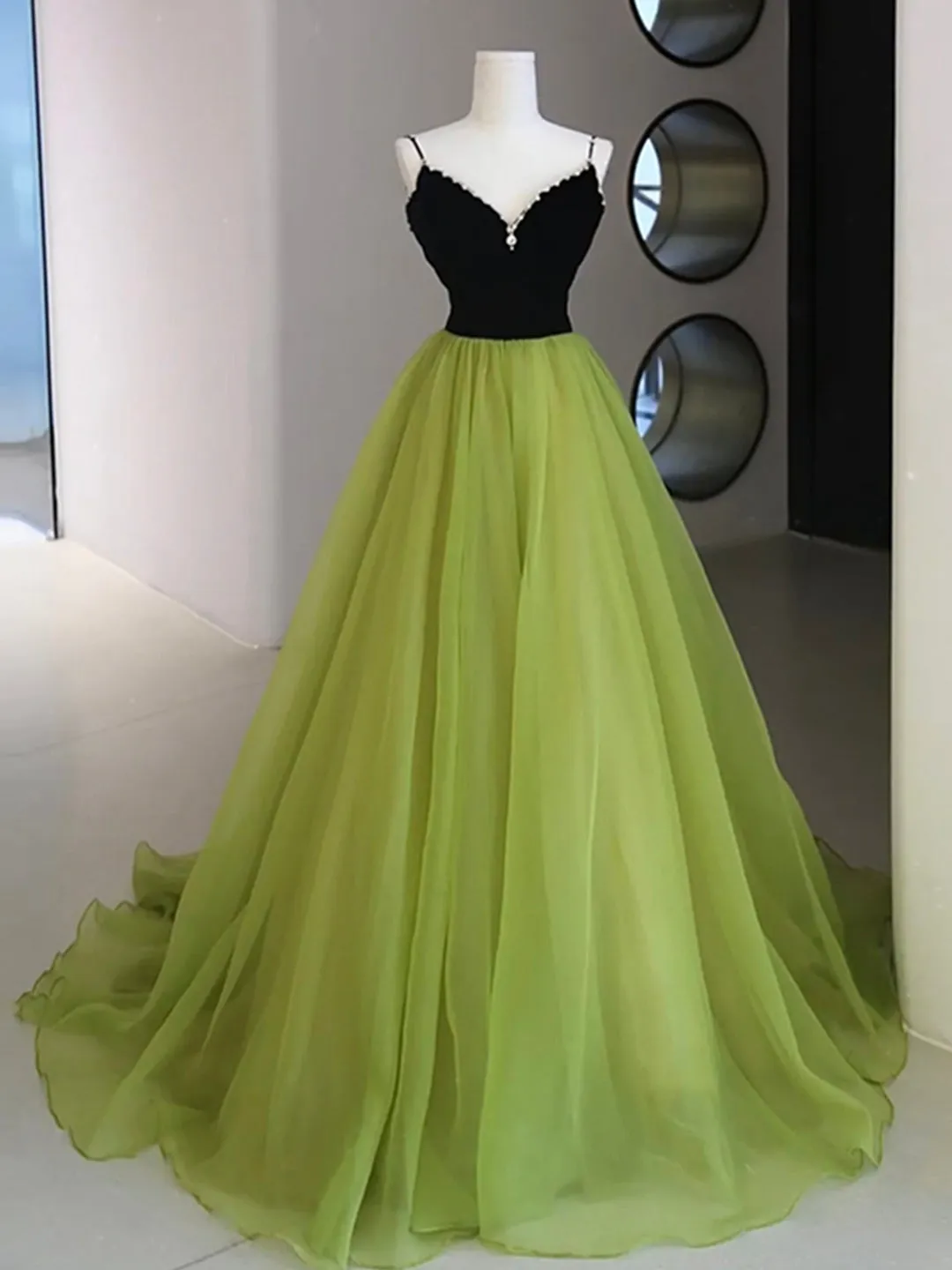 Black Velvet and Green Tulle Long Prom Dress, Green V-Neck Evening Dress