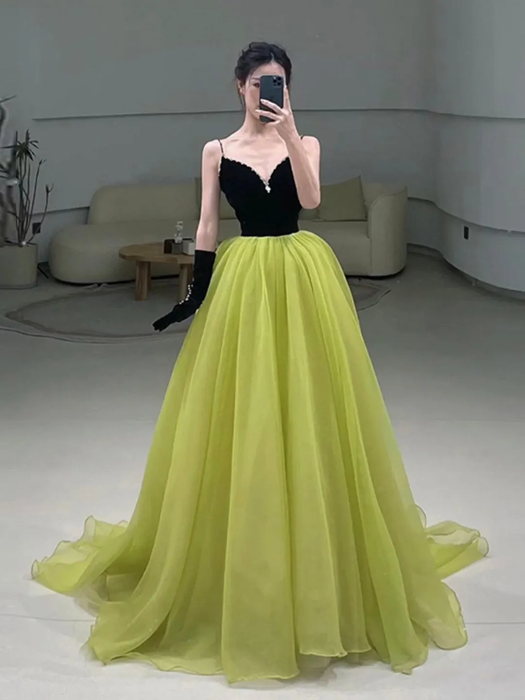 Black Velvet and Green Tulle Long Prom Dress, Green V-Neck Evening Dress