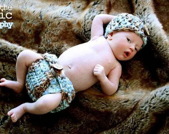 Blue Brown Camo Diaper Cover Hat Set