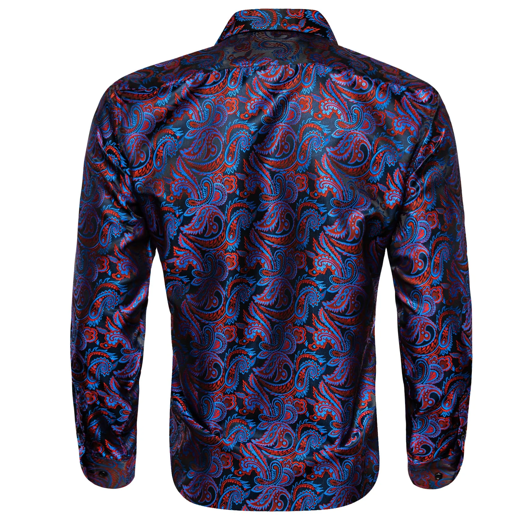 Blue Red Paisley Flower Pattern Silk Men's Long Sleeve Shirt