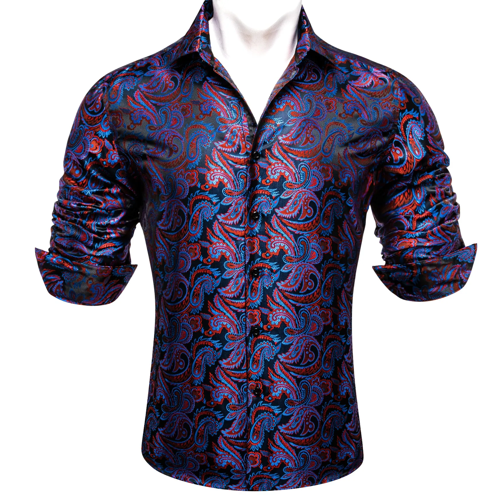 Blue Red Paisley Flower Pattern Silk Men's Long Sleeve Shirt